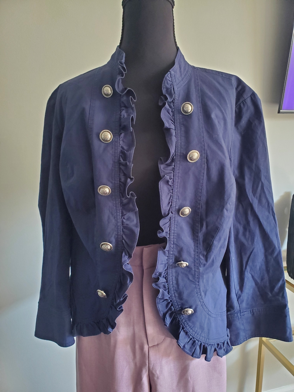 INC International Concepts Navy Ruffle Military-Style Blazer